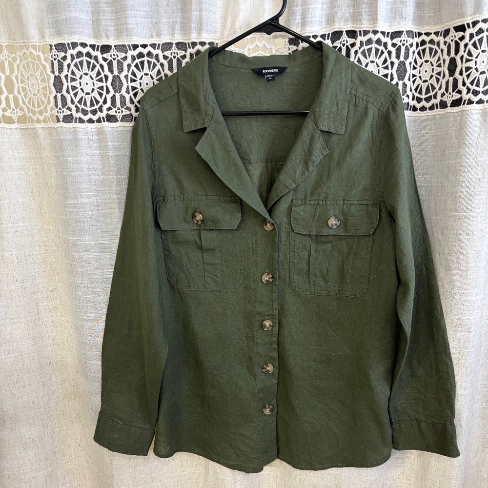 Express Woman’s Linen Blend Button Up Collared Sh… - image 1